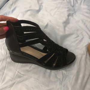 Black rhinestone jewel wedge sandal